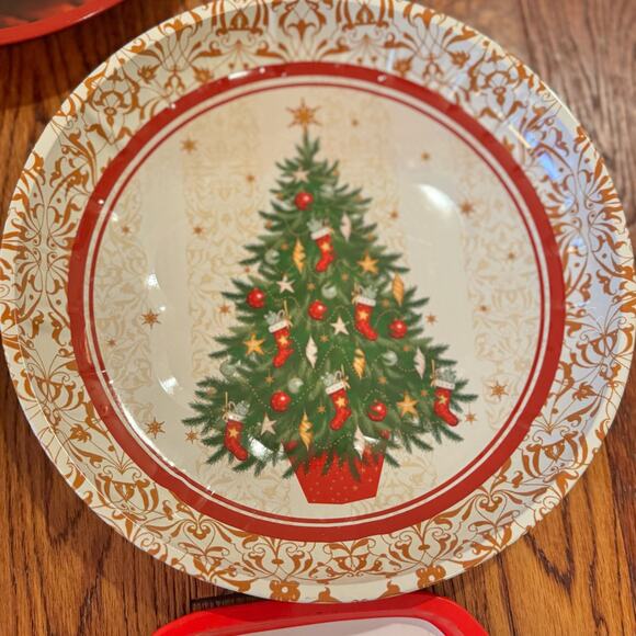 VTG Christmas 5 Metal Serving Trays Plates Round Rectangle Cookies Santa Holiday - Picture 5 of 13